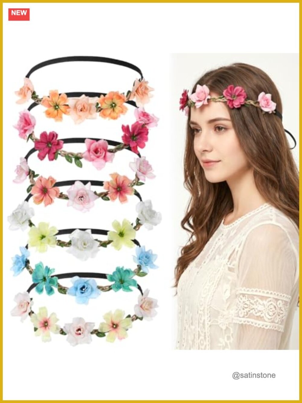 6 Pc Boho Floral Headband Set – Adjustable Faux Daisy Flower Crowns for Weddings